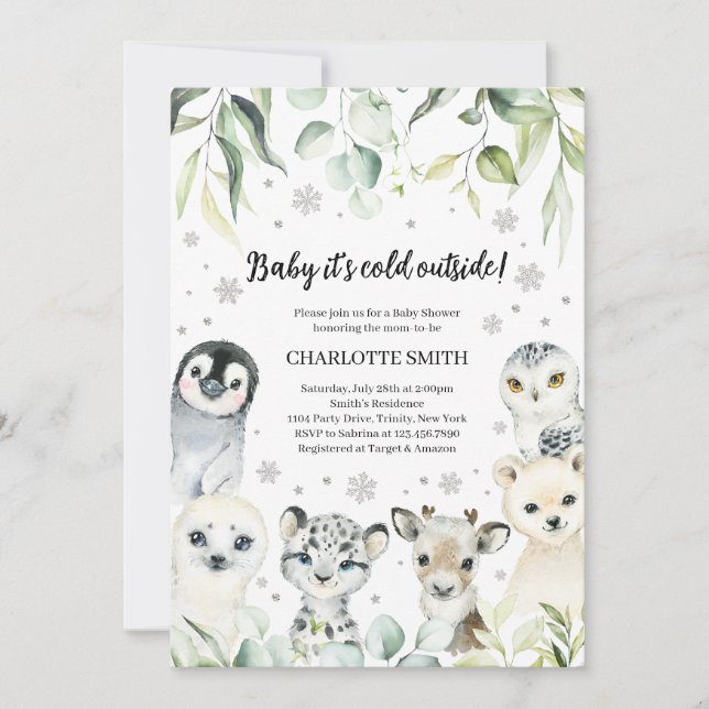 Convites Chá de fraldas de Animais do Ártico Inverno (Frente)