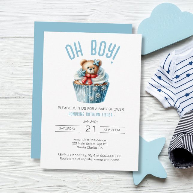 Convites Chá de fraldas de Animais do Urso Azul (Oh Boy Blue Cupcake Bear Baby Shower Invitation)