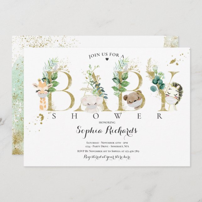 Convites Chá de fraldas De Animais Dourados Safari E De Cer (Frente/Verso)