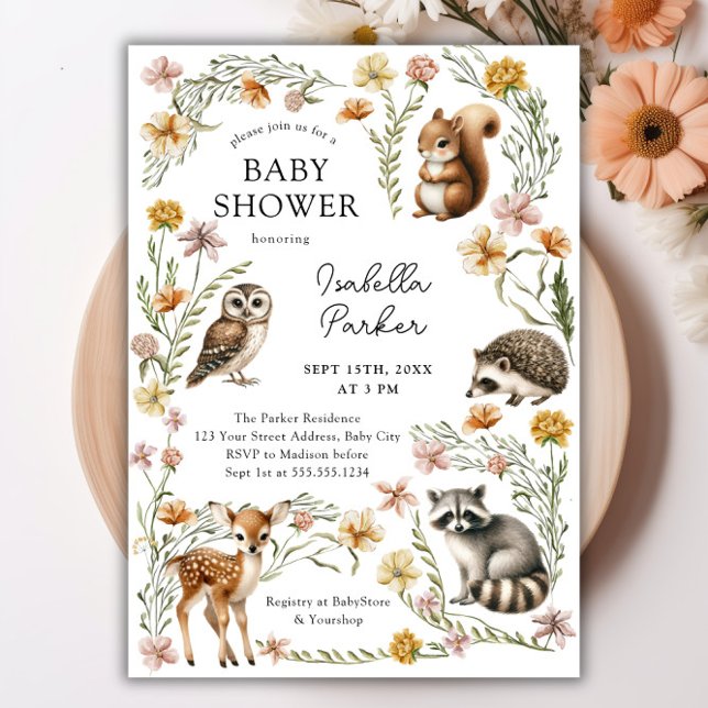 Convites Chá de fraldas de animais florestais (Woodland Forest Animals Baby Shower Invitation)