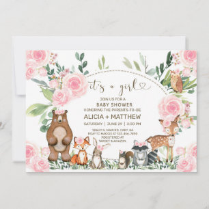 Convites Chá de fraldas de animais florestais, rosas rosa.