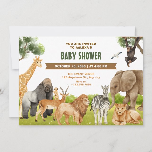 Convites Chá de fraldas de animais Safari (Frente)