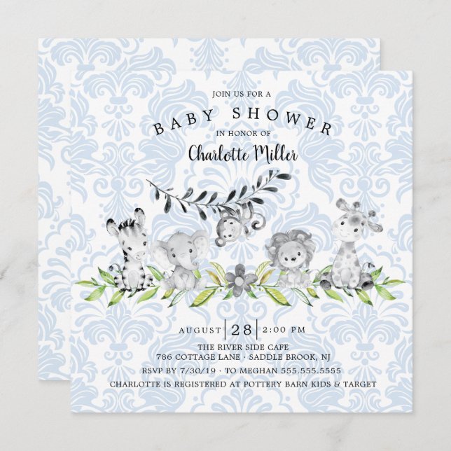 Convites Chá de fraldas De Animais Safari Doce (Frente/Verso)