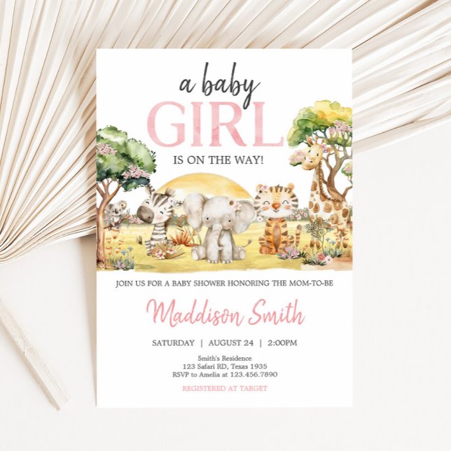 Convites Chá de fraldas de Animais Safari na Selva Floral (Girl Safari Animals Baby Shower Invitation)