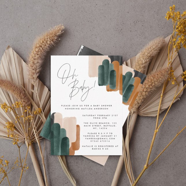 Convites Chá de fraldas de aquarela abstrato verde terracot (Criador carregado)