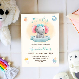Convites Chá de fraldas de Aquarela Azul-Elefante