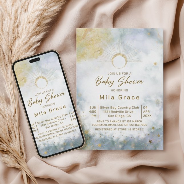 Convites Chá de fraldas de Aquarela Celestial Céu Dourado (Criador carregado)