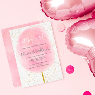 Convites Chá de fraldas de aquarela cor-de-rosa brilhante d