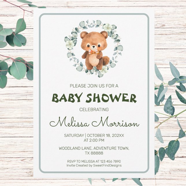Convites Chá de fraldas de Aquarela da Floresta Ursa (Bear Forest Watercolor Baby Shower Invitation)