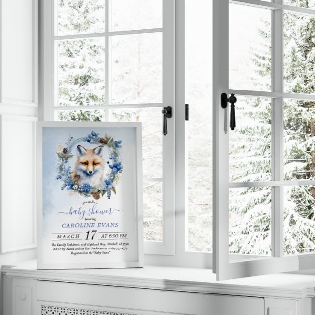 Convites Chá de fraldas de Aquarela da Fox de inverno (Winter Fox Watercolor Baby Shower Invitation)