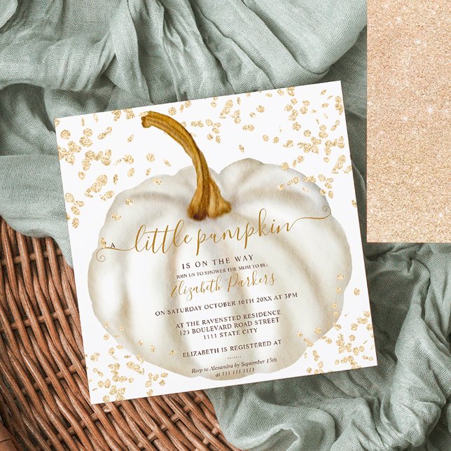 Convites Chá de fraldas de aquarela de abóbora de ouro-chic (Chic gold glitter pumpkin watercolor baby shower invitation)