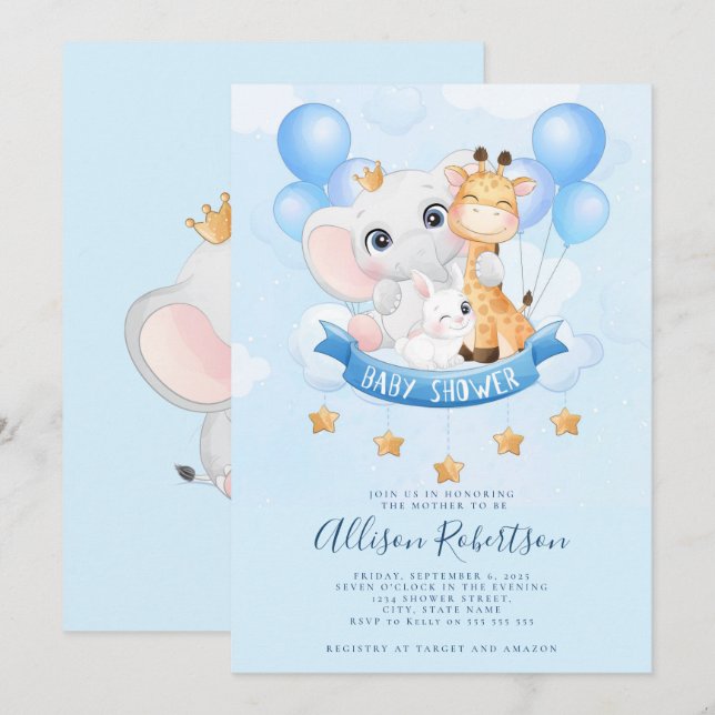 Convites Chá de fraldas de Aquarela de Animais da Selva Ceg (Frente/Verso)