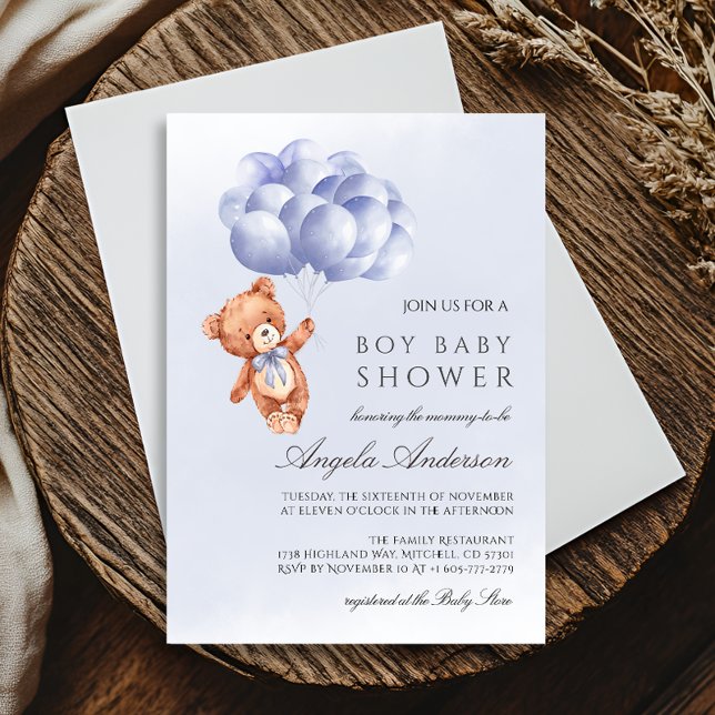 Convites Chá de fraldas de Aquarela de Azul-Urso Teddy (Teddy Bear Blue Balloon Watercolor Boy Baby Shower Invitation)