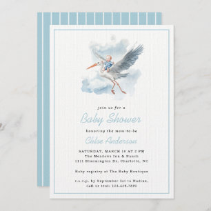 Convites Chá de fraldas de Aquarela de Bebê Azul Stork