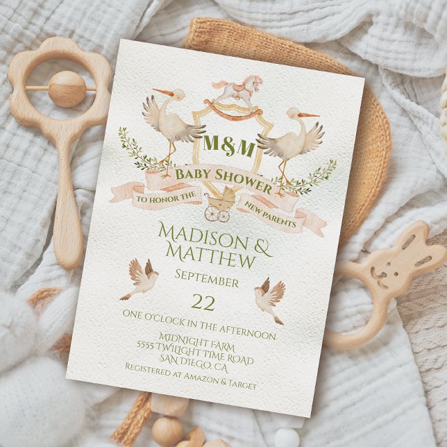 Convites Chá de fraldas de Aquarela de Crest Stork (Criador carregado)