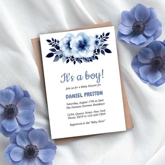 Convites Chá de fraldas de Aquarela de Flor Azul Claro (Gentle Light Blue Flower Watercolor Baby Shower Invitation)