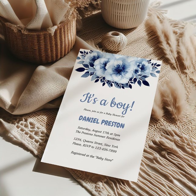 Convites Chá de fraldas de Aquarela de Flor Azul Claro (Gentle Light Blue Flower Watercolor Baby Shower Invitation)