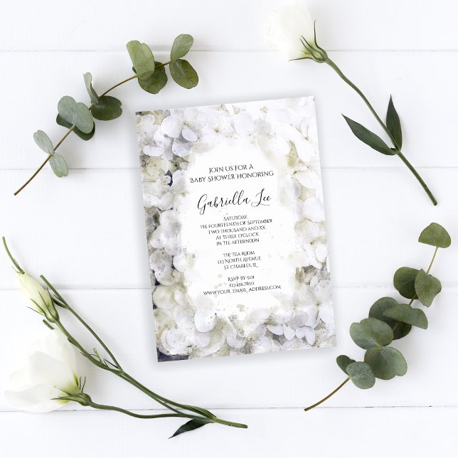 Convites Chá de fraldas de Aquarela de Flor Branco (Criador carregado)