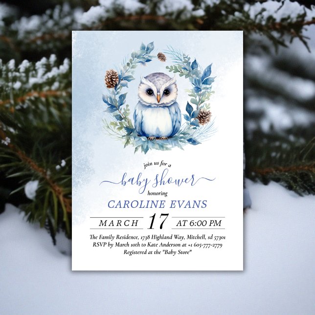 Convites Chá de fraldas de Aquarela de Inverno (Winter Owl Watercolor Baby Shower Invitation)