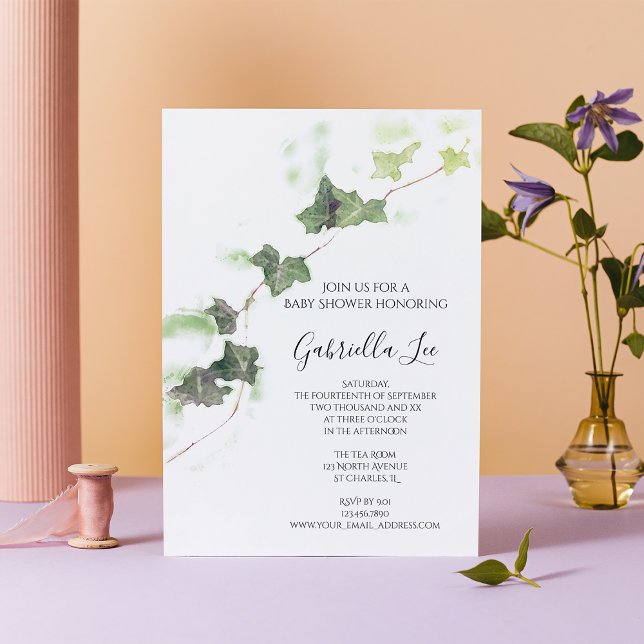 Convites Chá de fraldas de Aquarela de Ivy Vine Verde (Criador carregado)