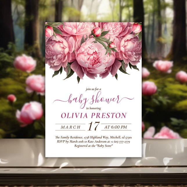 Convites Chá de fraldas de Aquarela de Peões Rosa (Pink Peonies Watercolor Baby Shower Invitation)
