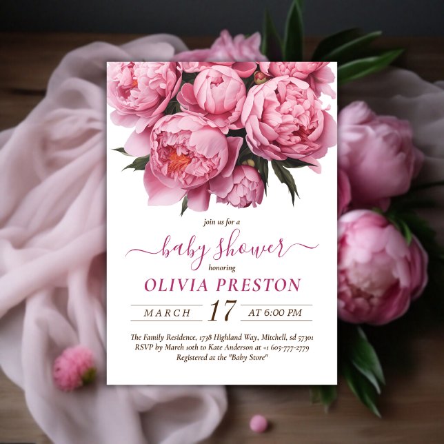 Convites Chá de fraldas de Aquarela de Peões Rosa (Pink Peonies Watercolor Baby Shower Invitation)