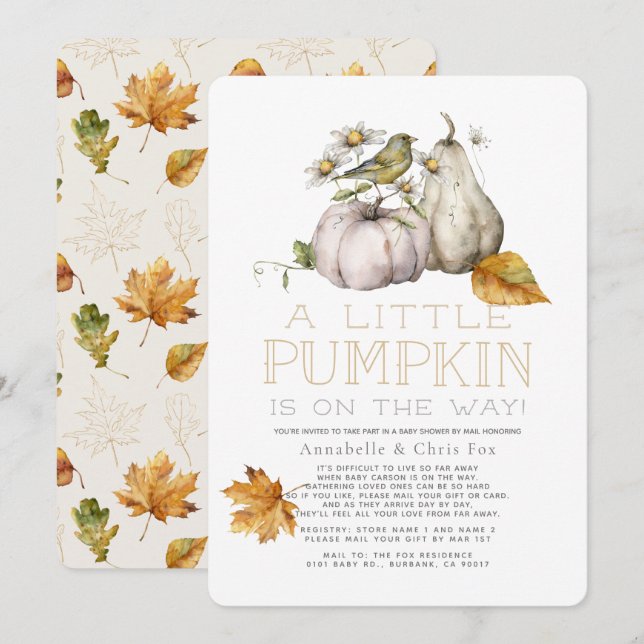 Convites Chá de fraldas de Aquarela de Pumpkin Caída por Co (Frente/Verso)