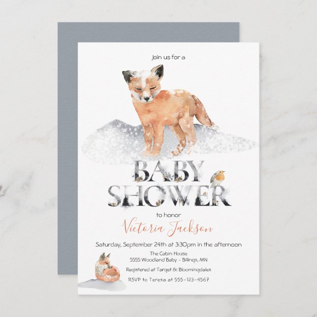 Convites Chá de fraldas de aquarela de raposa de madeira de (Frente/Verso)