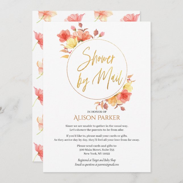 Convites Chá de fraldas de Aquarela de Script Dourado Flora (Frente/Verso)