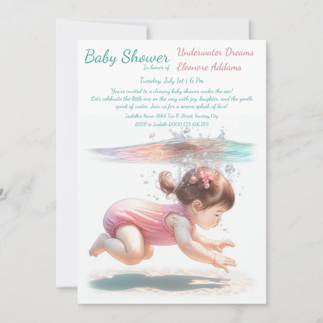 Convites Chá de fraldas de Aquarela de Sonhos Submarinos (Frente)