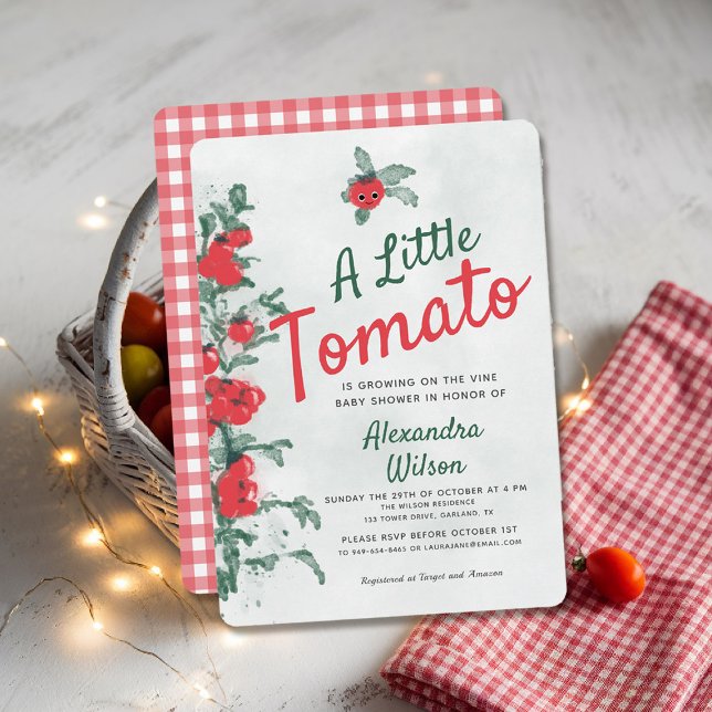 Convites Chá de fraldas de Aquarela de Tomate Cute Russo (rustic baby shower invitation little tomato green red gingham watercolor cute character backyard)
