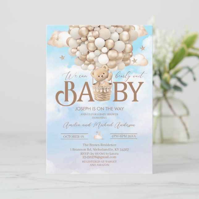 Convites Chá de fraldas de aquarela de ursinho moderno (Em pé/Frente)