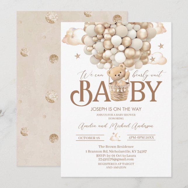 Convites Chá de fraldas de aquarela de ursinho moderno (Frente/Verso)