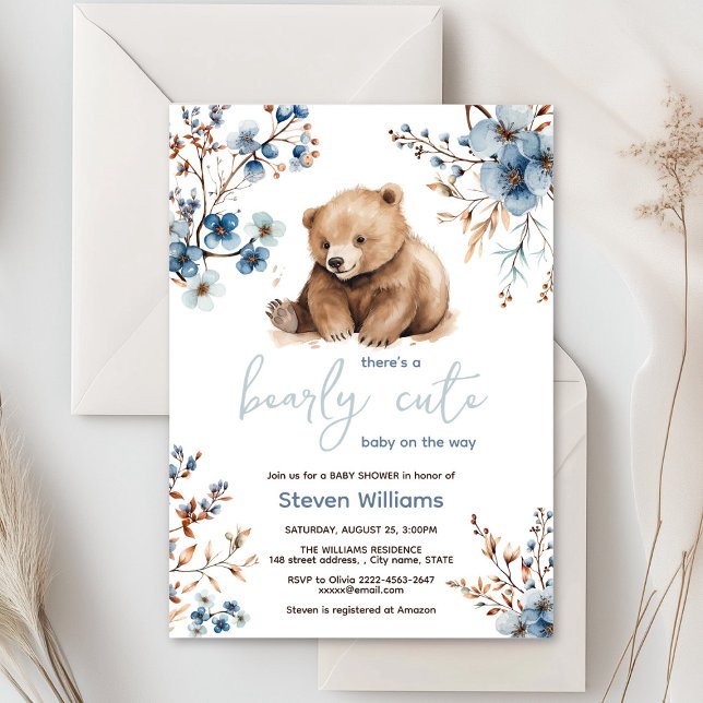 Convites Chá de fraldas de aquarela de urso bonito (Cute bear with rustic blue flowers baby shower invitation)