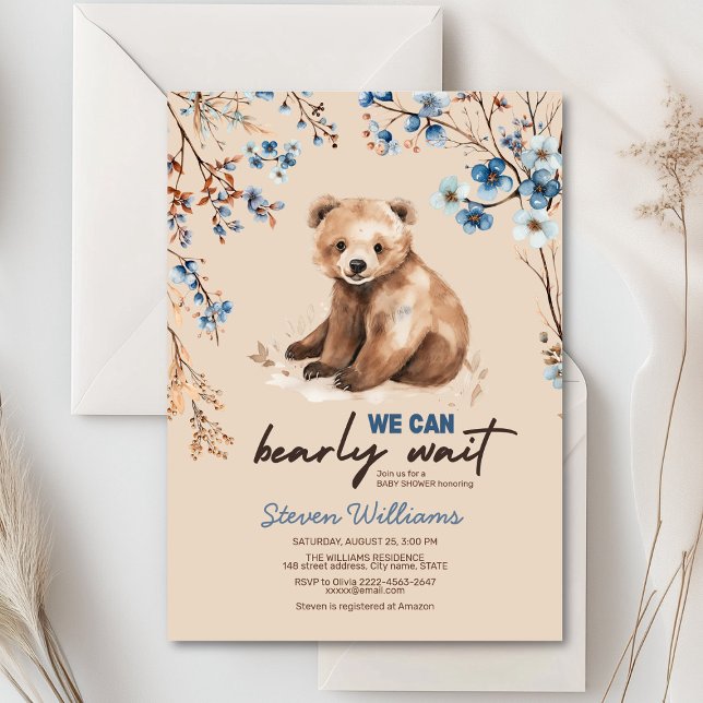Convites Chá de fraldas de aquarela de urso bonito (Cute bear with rustic blue flowers baby shower invitation)