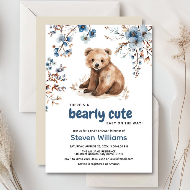Convites Chá de fraldas de aquarela de urso bonito (Cute bear with rustic blue flowers baby shower invitation)
