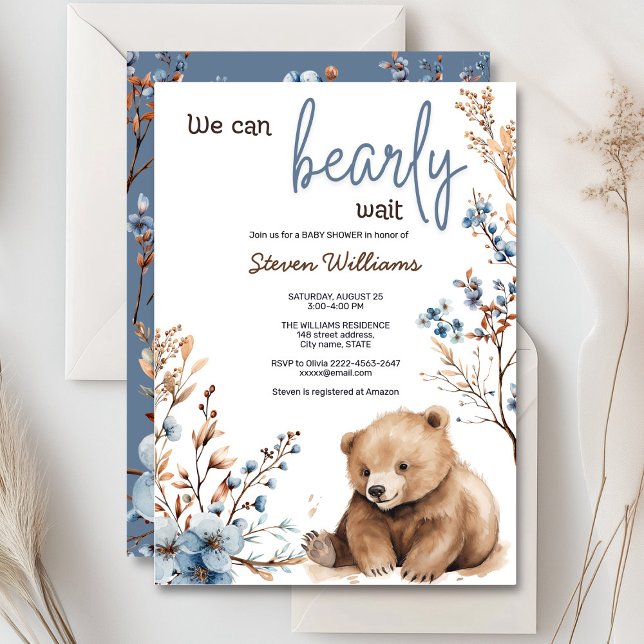 Convites Chá de fraldas de aquarela de urso bonito (Cute bear with rustic blue flowers baby shower invitation)