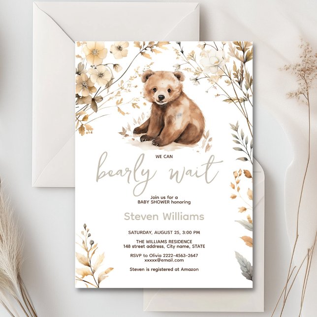 Convites Chá de fraldas de aquarela de urso bonito (Cute watercolor forest bear with rustic beige flowers baby shower invitation)