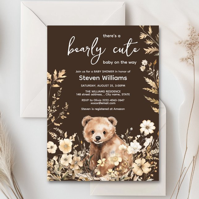 Convites Chá de fraldas de aquarela de urso bonito (Cute watercolor forest bear with rustic beige flowers baby shower invitation)