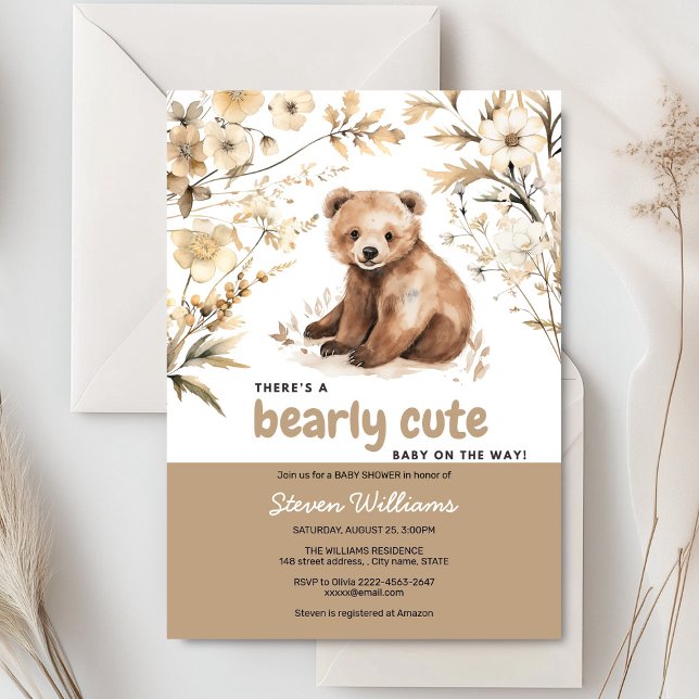 Convites Chá de fraldas de aquarela de urso bonito (Cute bear with rustic beige flowers baby shower invitation)