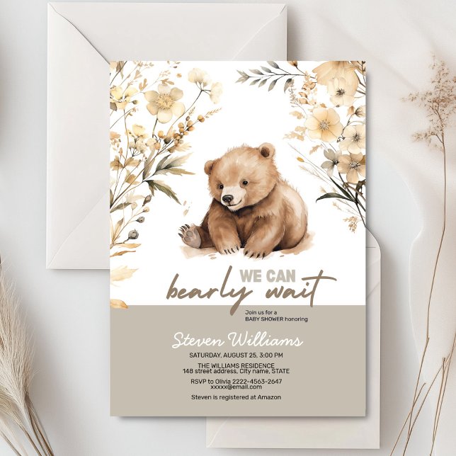 Convites Chá de fraldas de aquarela de urso bonito (Cute bear with rustic beige flowers baby shower invitation)