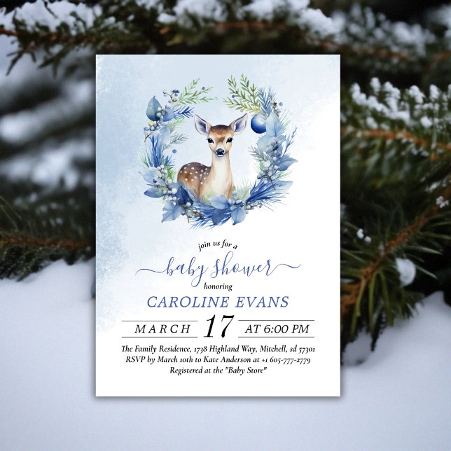 Convites Chá de fraldas de Aquarela de Veado Inverno (Winter Deer Watercolor Baby Shower Invitation)