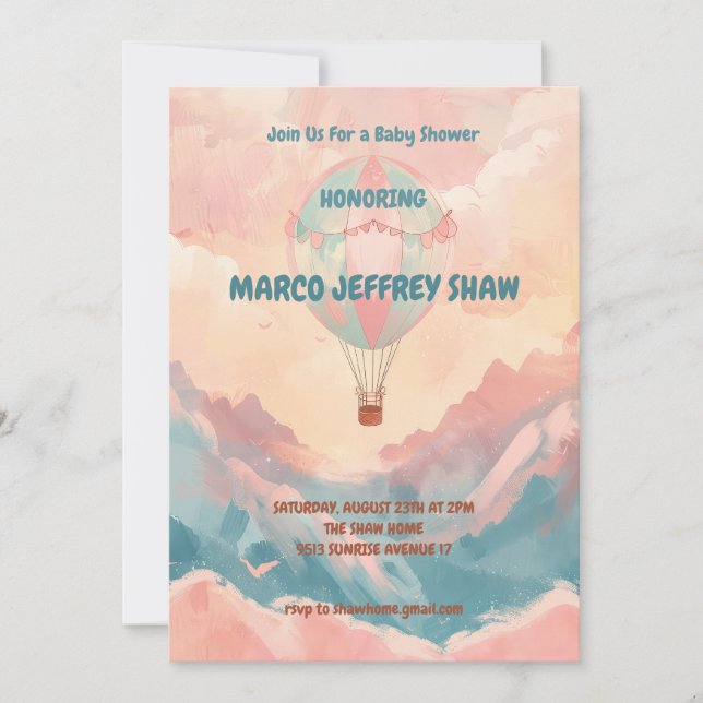Convites Chá de fraldas de Aquarela do Balão de Ar Quente (Frente)