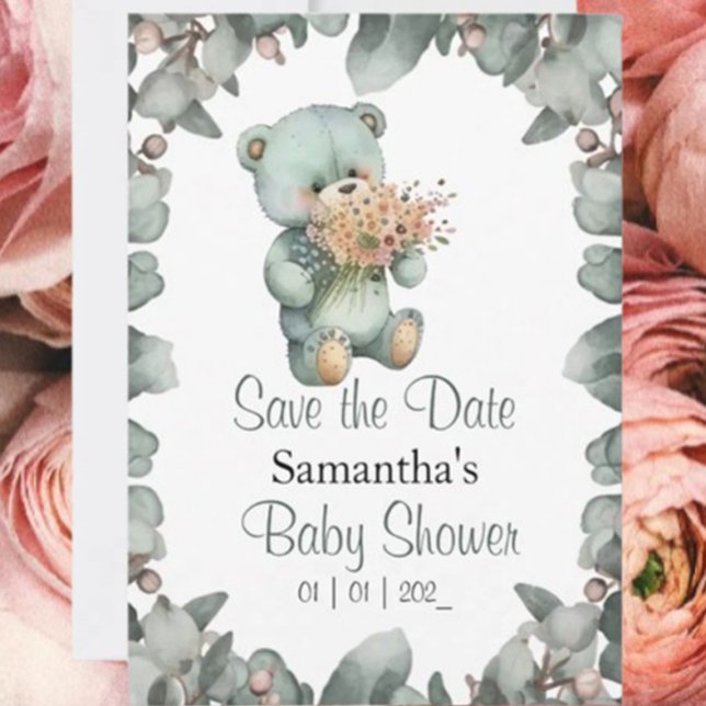 Convites Chá de fraldas de Aquarela do Bear Boy Teddy (Featuring a charming teddy bear and floral accents, it's the perfect way to invite loved ones to wel)