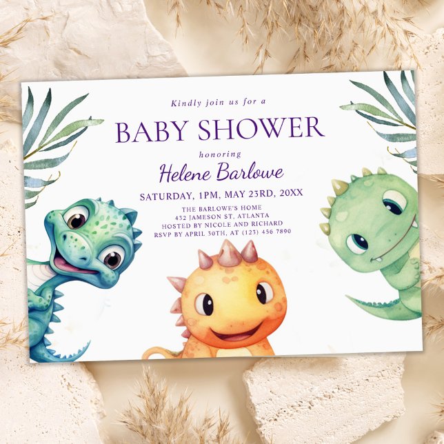 Convites Chá de fraldas de Aquarela do Dinossauro Cento (Cute Dinosaur Watercolor Baby Shower Invitation)