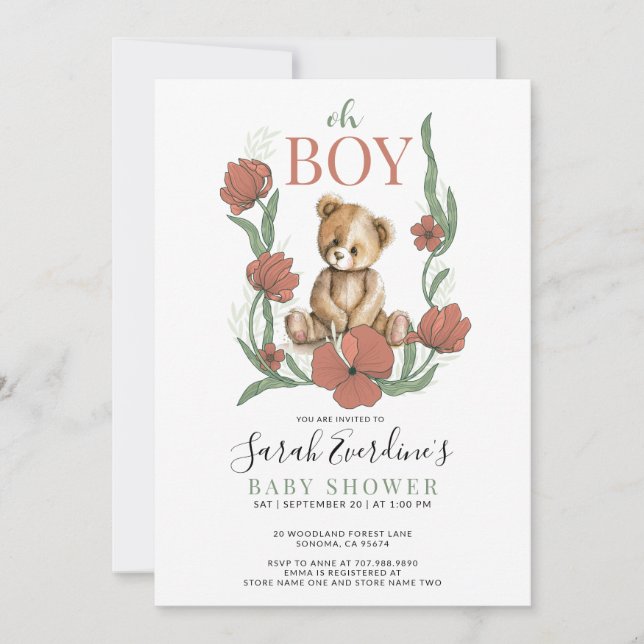 Convites Chá de fraldas de Aquarela do Urso de Teddy (Frente)