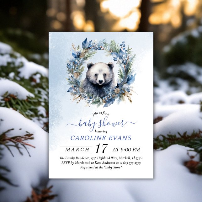 Convites Chá de fraldas de Aquarela do Urso Inverno (Winter Bear Watercolor Baby Shower Invitation)