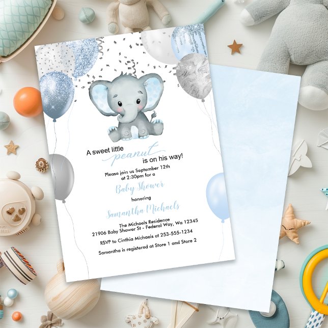 Convites Chá de fraldas de Aquarela dos Balões de Elefante  (Cute Elephant Boy Balloons Watercolor Baby Shower Invitation)