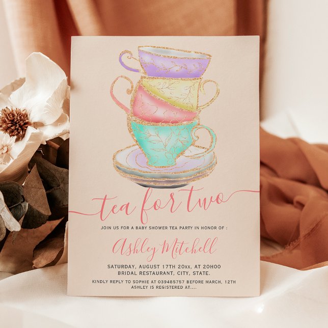 Convites chá de fraldas de aquarela Dourada para chá de rel (Gold glitter tea cup watercolor chic baby shower invitation)