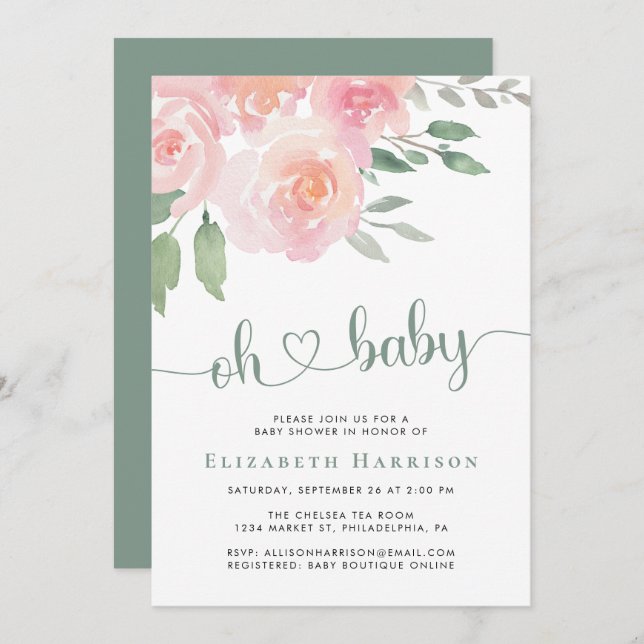 Convites Chá de fraldas de Aquarela Floral (Frente/Verso)